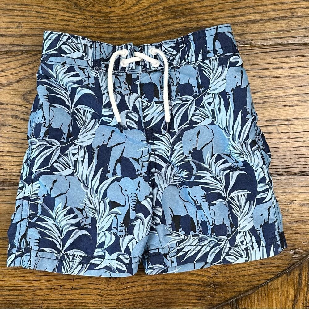 Janie and Jack Elephant Print Blue Swim Trunks